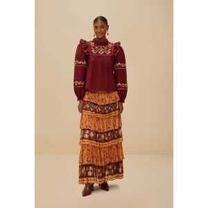 FARM Rio Colorful Birds Camel Purple Tiered Ruffles Maxi Skirt SMALL